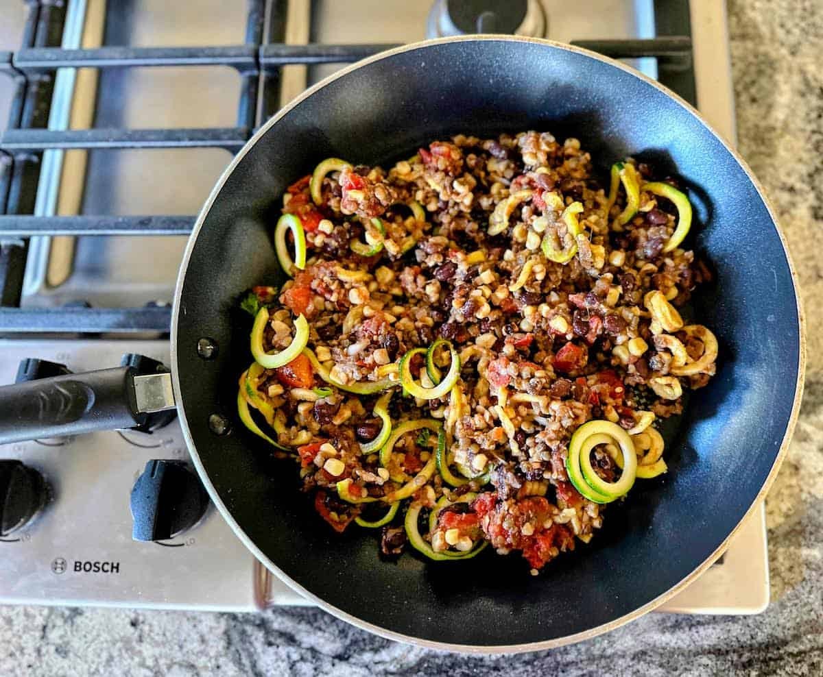 zucchini noodle taco skillet in a cast iron pan