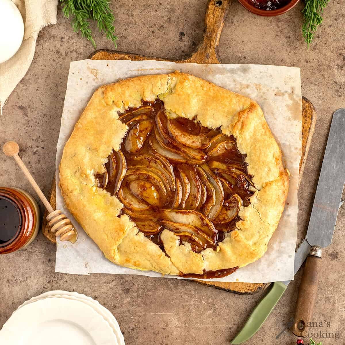 rustic Asian pear tart on a wooden table