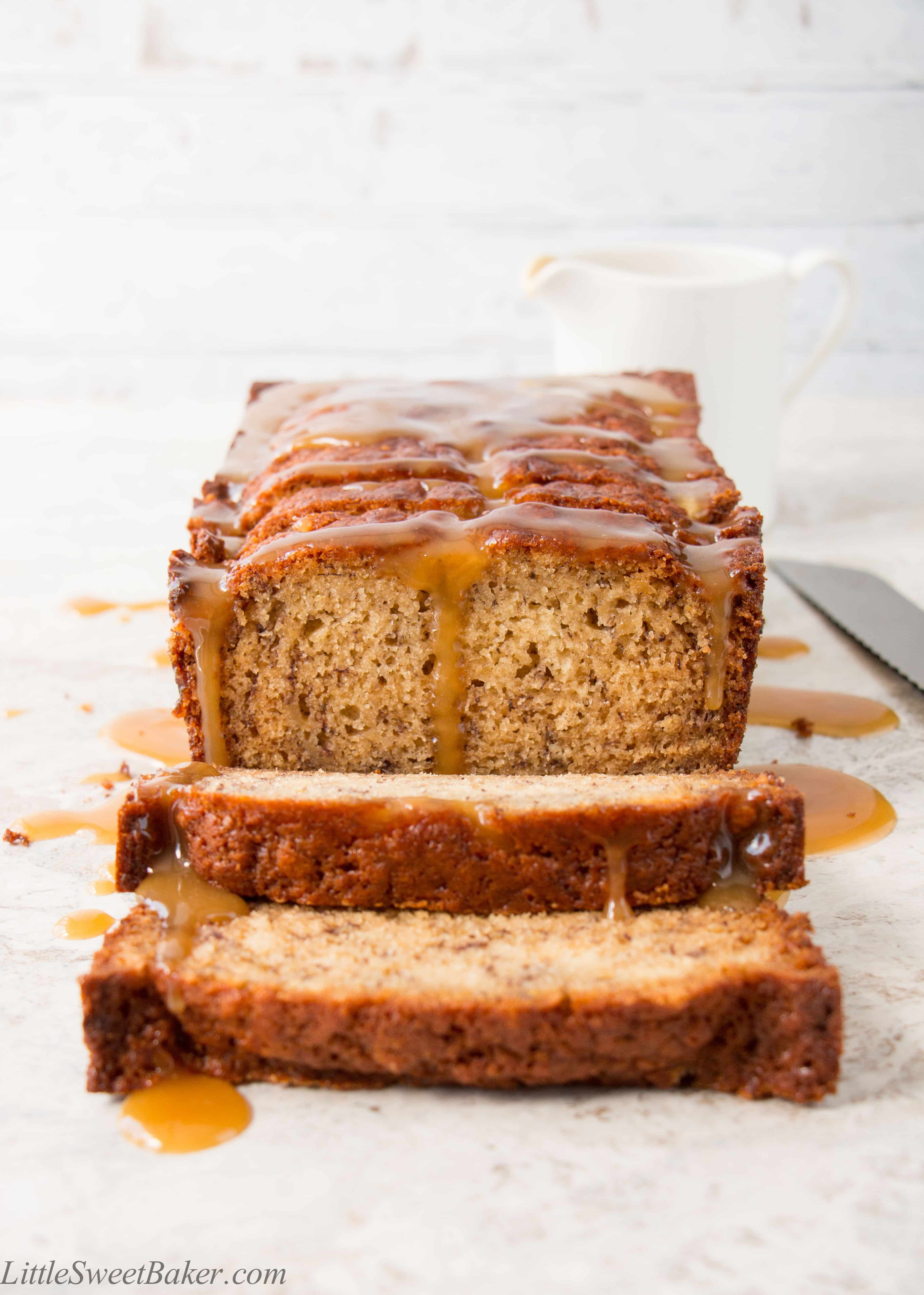 gluten-free banana bread drizzled with caramel sauce