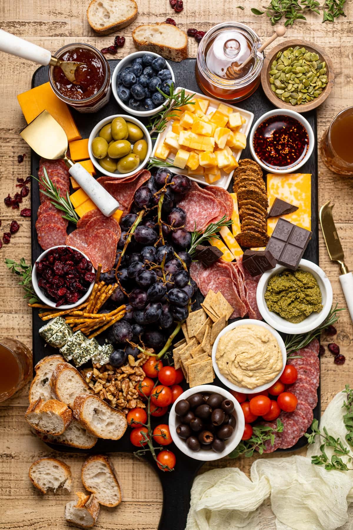 overhead shot of a vibrant and creative charcuterie board