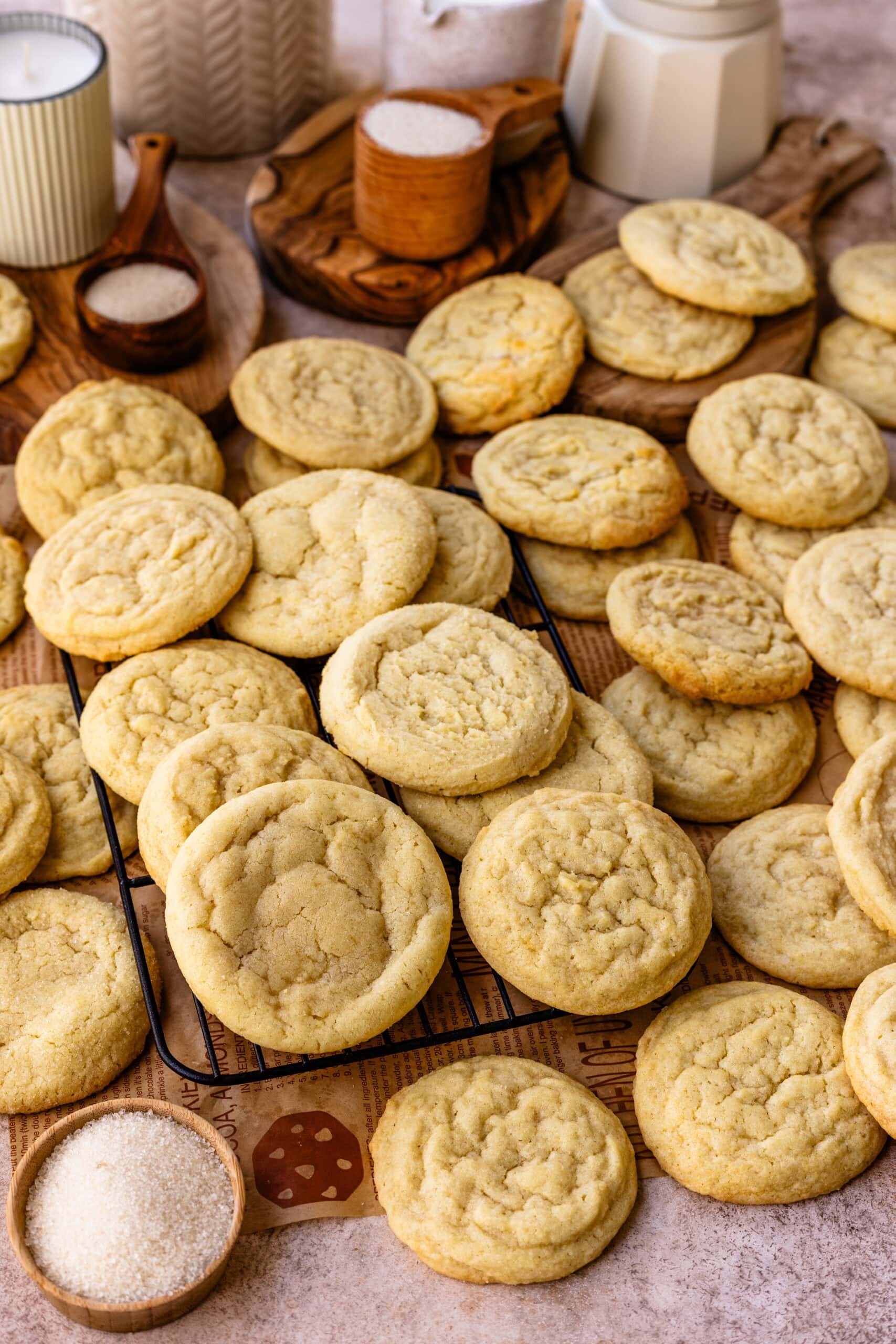 Platter of freshly baked classic sugar cookies with powdered sugar, close up