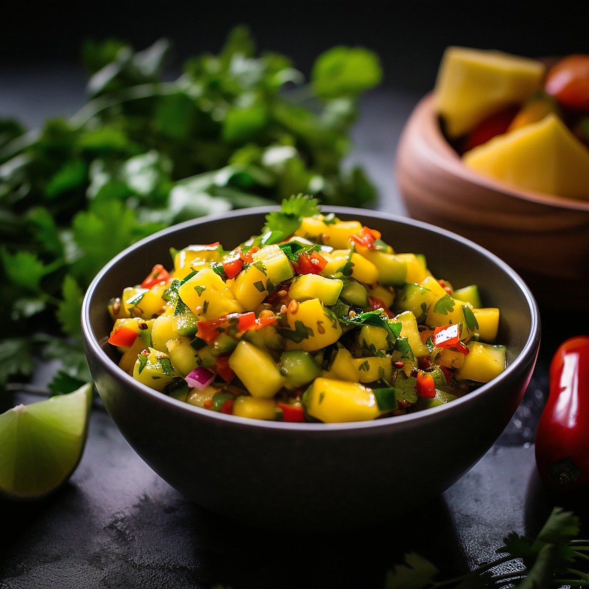fresh mango salsa with water chestnuts in a bowl