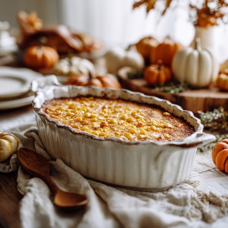 Golden baked sweet corn casserole on a rustic wooden table with Thanksgiving decorations, close-up, warm lighting