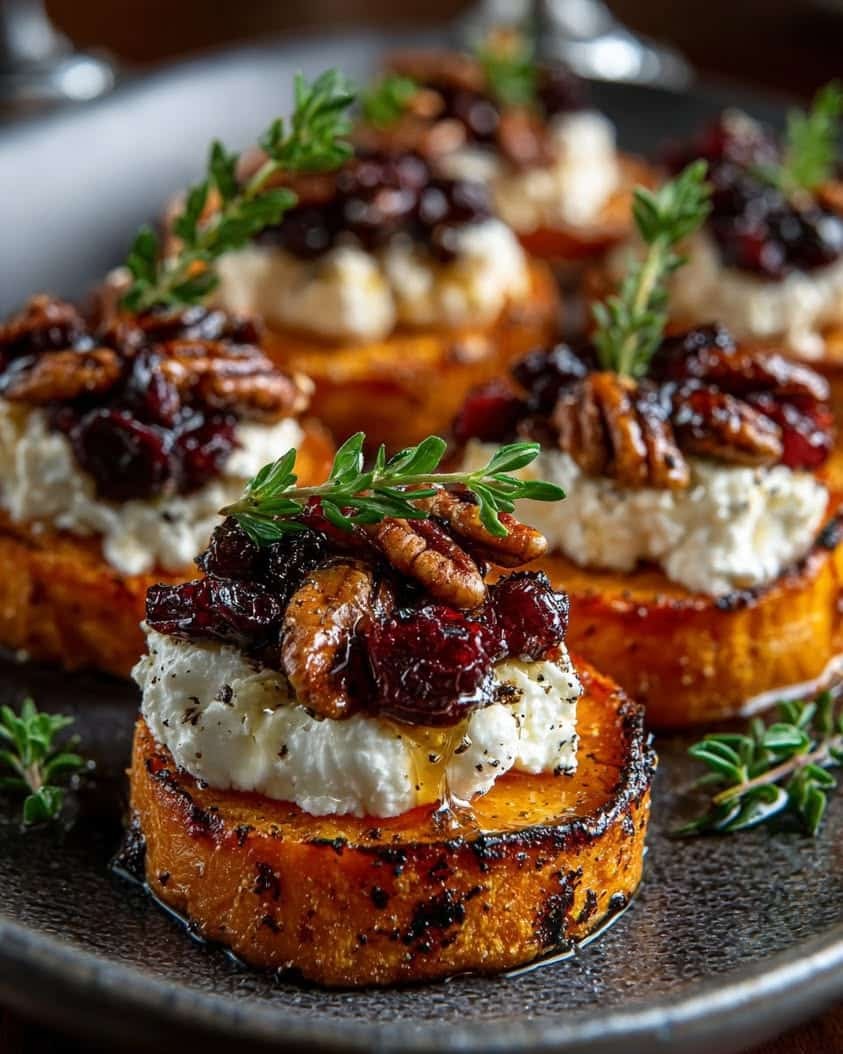 rustic glazed sweet potato bites with herbs on wooden board
