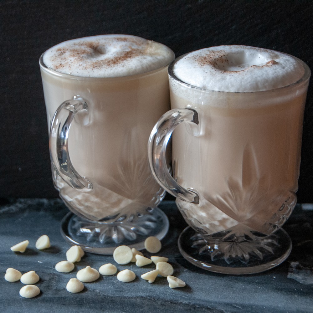 white chocolate chai latte in a cozy setting