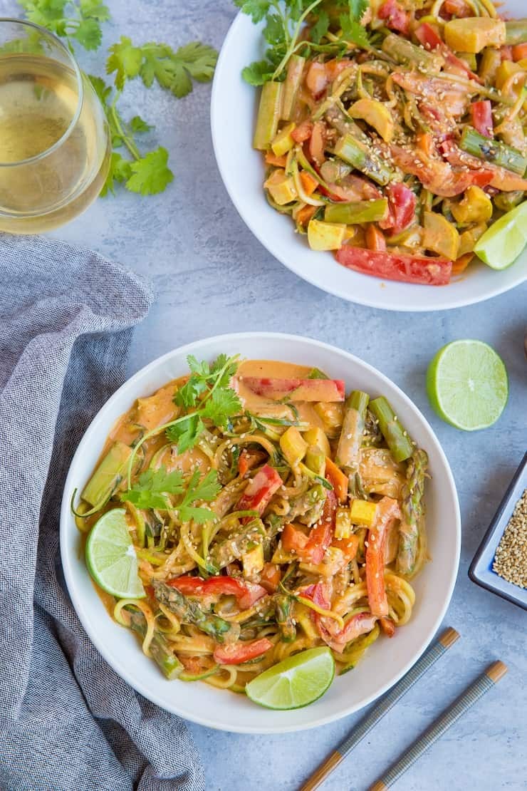 Keto zucchini noodle vegetable curry served in a bowl