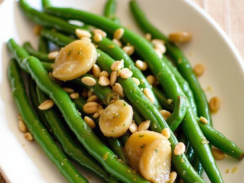 vibrant butter braised green beans with golden shallots in a rustic serving dish
