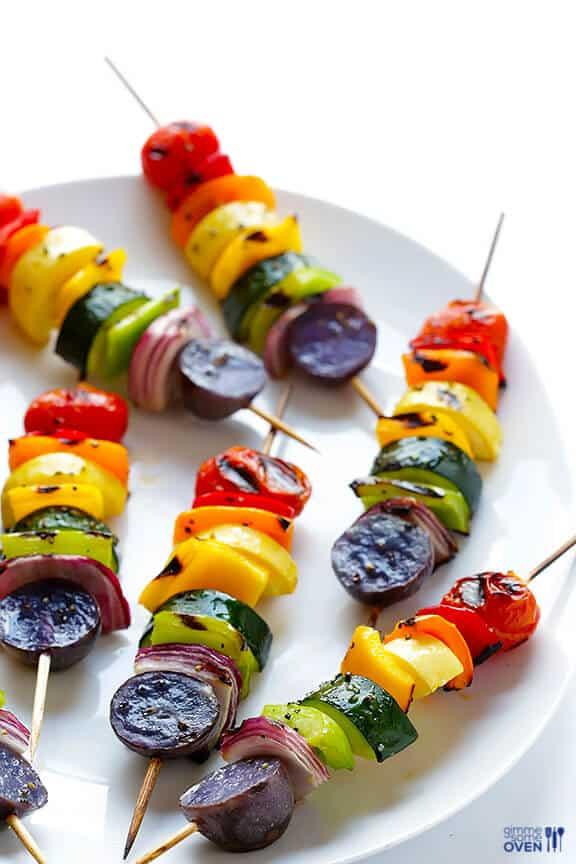 colorful rainbow veggie skewers grilling
