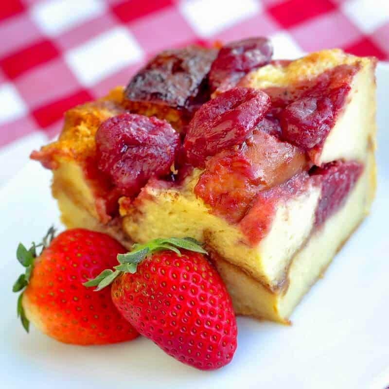 close up of a freshly baked strawberry shortcake bread pudding