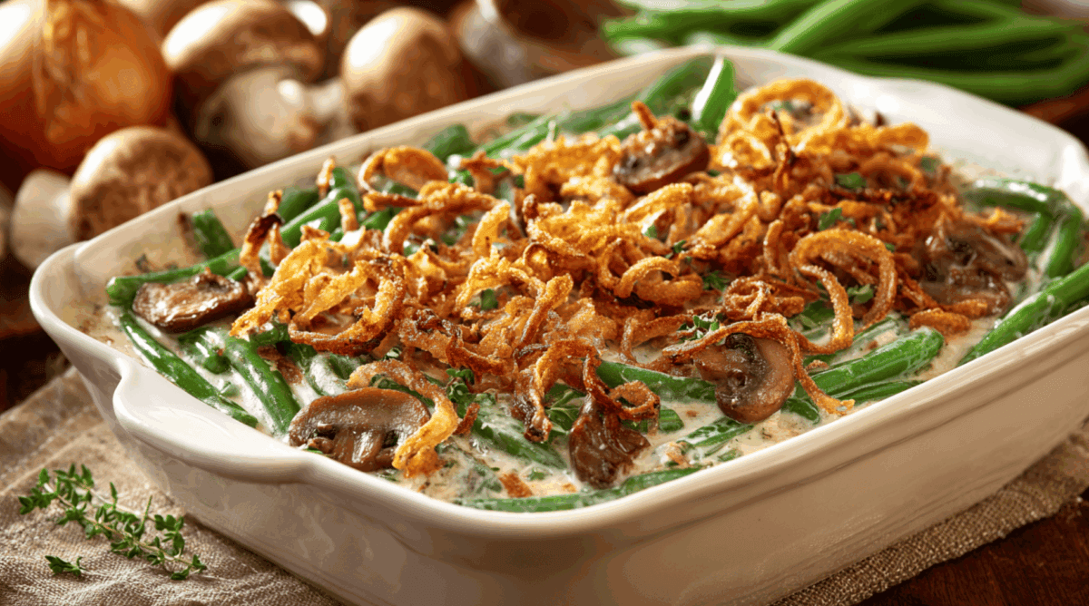 Classic baked green bean casserole with garlic cream sauce, crispy onions, and fresh green beans, golden brown top