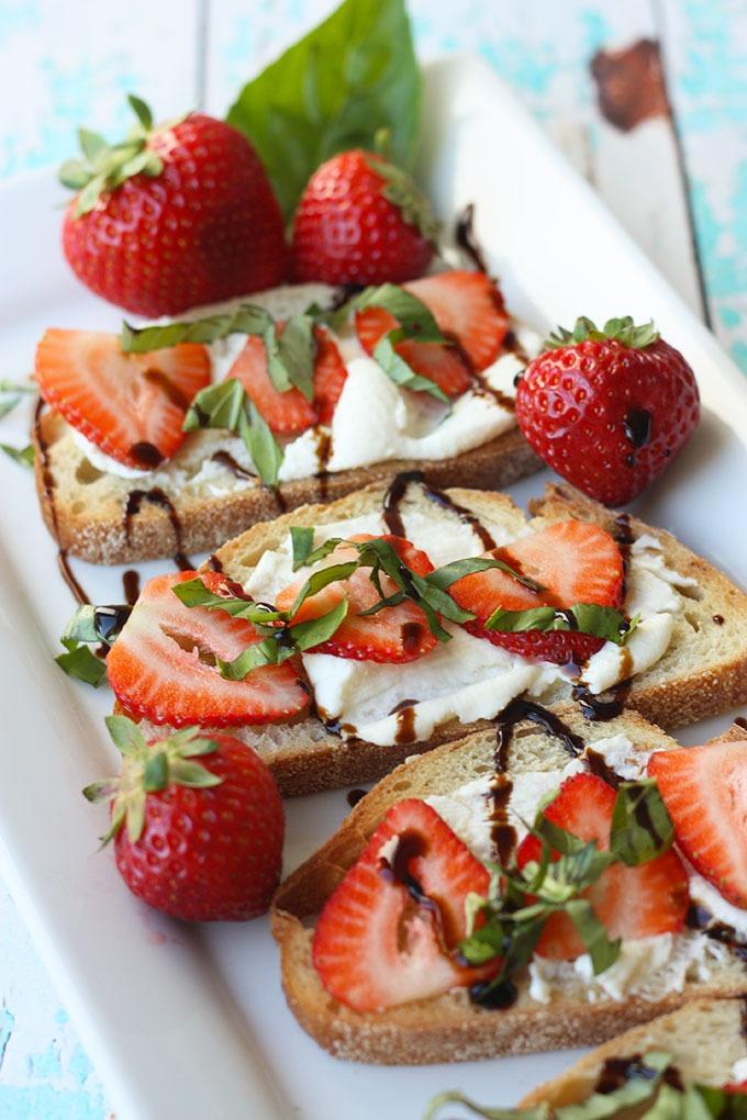 close-up of strawberry basil bruschetta on toasted bread